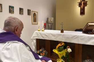 Pope Francis at the chapel in Rome's Gemelli Hospital on Sunday, March 16.