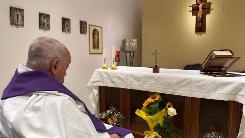 Pope Francis at the chapel in Rome's Gemelli Hospital on Sunday, March 16.