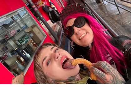 Jessica Brösche and Nikita Lofving take a lighthearted photo at the San Ysidro port of entry, minutes before Brösch was taken into custody.