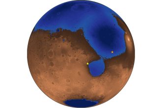 This illustration depicts what Mars may have looked like 3.6 billion years ago when an ocean could have covered a third of the planet. The landing site of China's Zhurong rover (orange) is seen, as well as where NASA's Perseverance rover landed (yellow) near the site of an ancient lake and river delta.