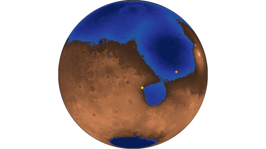 This illustration depicts what Mars may have looked like 3.6 billion years ago when an ocean could have covered a third of the planet. The landing site of China's Zhurong rover (orange) is seen, as well as where NASA's Perseverance rover landed (yellow) near the site of an ancient lake and river delta.