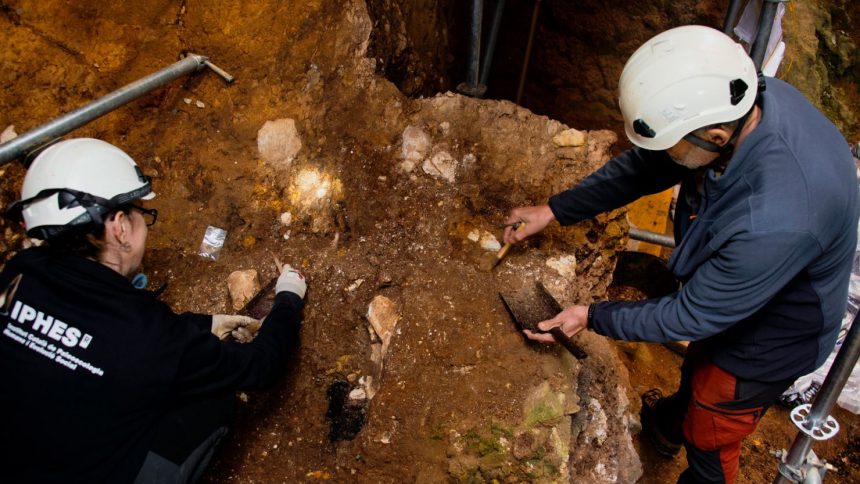 Archaeologists excavate near the cave at the Sima del Elefante site, near Burgos in northern Spain, where the fossilized skull fragments were found.