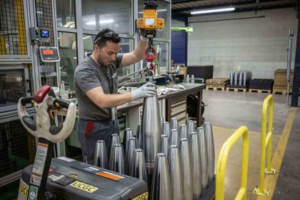 Manufacturing of shells for a gun in the Nexter Arrowtech factory near Bourges, France, in April 2023.