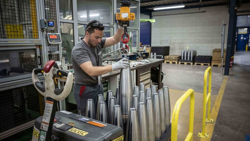 Manufacturing of shells for a gun in the Nexter Arrowtech factory near Bourges, France, in April 2023.