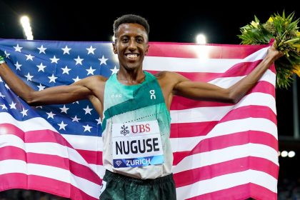 Nuguse celebrates his victory at the Zurich Diamond League in September.