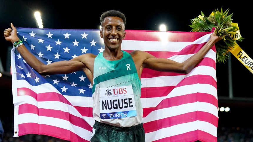 Nuguse celebrates his victory at the Zurich Diamond League in September.