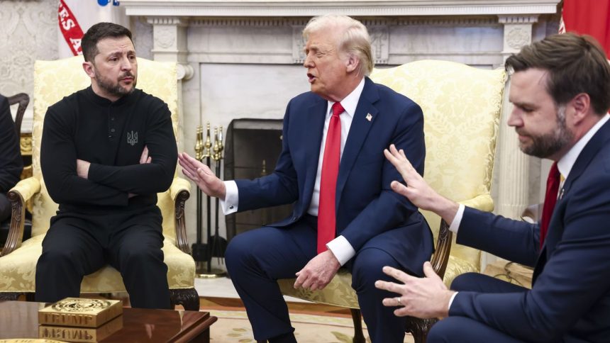 Ukrainian President Volodymyr Zelensky, left, talks with US President Donald Trump, center, and US Vice President JD Vance in the Oval Office of the White House in Washington, DC, on Friday.