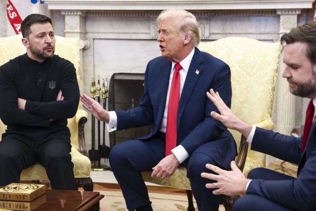 Ukrainian President Volodymyr Zelensky, left, talks with US President Donald Trump, center, and US Vice President JD Vance in the Oval Office of the White House in Washington, DC, on Friday.