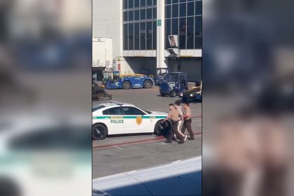 This screengrab taken from video shows Rafael Seirafe-Novaes, 40, being escorted on the tarmac by two police officers and eventually placed in the back of a police car.