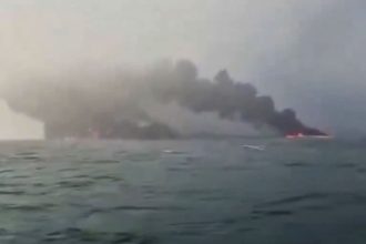 Video circulating on social media shows a vessel on fire after a collision between an oil tanker and cargo ship off the northeast coast of England on Monday.