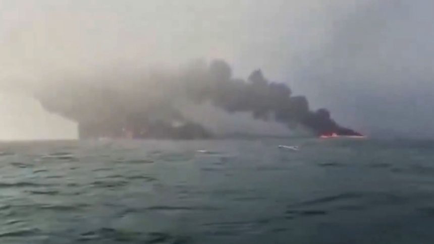 Video circulating on social media shows a vessel on fire after a collision between an oil tanker and cargo ship off the northeast coast of England on Monday.