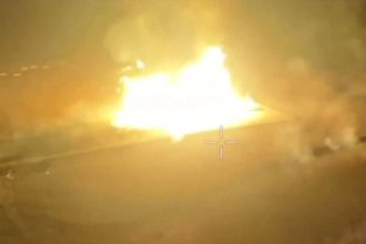 Footage taken by a drone and posted on social media shows the Sudzha gas metering station on fire in Russia's Kursk region on Thursday, March 20.