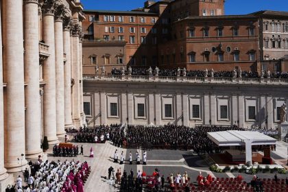 The coffin of Pope Francis is carried into St. Peter's Square at the Vatican on Saturday.