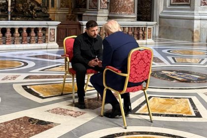 Zelensky and Trump meet inside St. Peter's Basilica ahead of Pope Francis' funeral at the Vatican on Saturday.