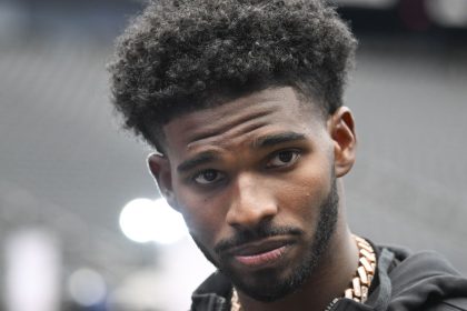 Colorado Buffaloes quarterback Shedeur Sanders speaks to the media during the Big 12 Media Days in July.