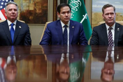 US Middle East envoy Steve Witkoff, US Secretary of State Marco Rubio and US National Security Advisor Mike Waltz attend speak to press after meeting with the Russian delegation in Riyadh, Saudi Arabia, on February 18, 2025.