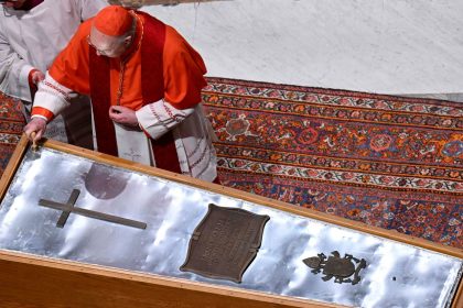 The casket of Pope Francis is sealed at St. Peter's Basilica, ahead of his funeral at the Vatican, on April 25, 2025.