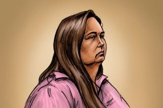 A court sketch shows Erin Patterson at the Latrobe Valley Magistrates Court in Morwell, Australia, on April 29, 2025.