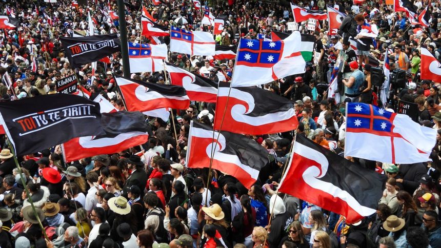 Thousands of people gather outside New Zealand's parliament in November 2024 to protest a proposed law that would redefine the country's founding agreement