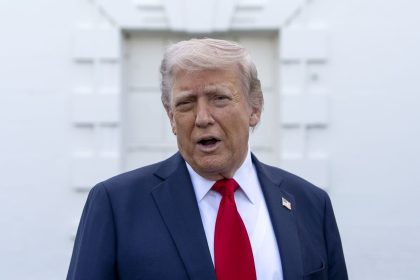 President Donald Trump speaks with reporters at the White House, Wednesday in Washington.