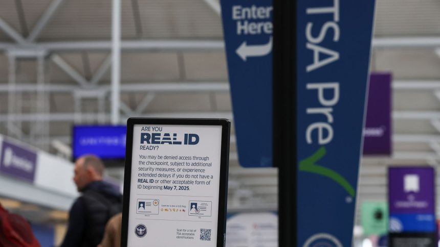 A sign outside a TSA checkpoint at Chicago O'Hare International Airport informs travelers of the REAL ID deadline.