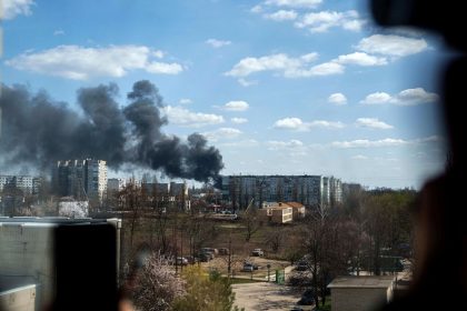 Smoke rises from an explosion following a Russian drone strike on Sumy, Ukraine on April 14.