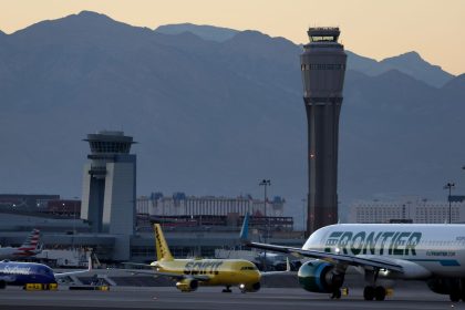 Airplanes prepare to take off from Harry Reid International Airport in Las Vegas, Nevada, on October 14, 2022.