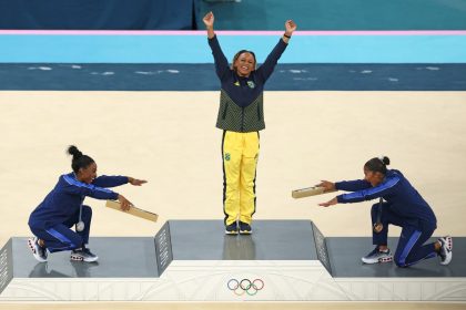 Simone Biles and Jordan Chiles pay homage to gold medalist Rebeca Andrade in what was one of the most iconic photos from the 2024 Olympic Games in Paris.