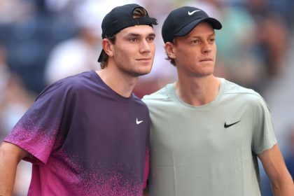 Jack Draper and Jannik Sinner pose prior to a US Open match on September 6, 2024.