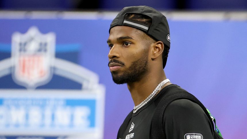 Shedeur Sanders of Colorado looks on during the NFL Scouting Combine at Lucas Oil Stadium on March 1.