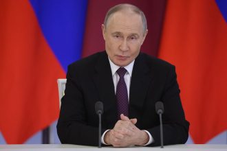 Russian President Vladimir Putin looks on during Russian-Qatari talks at the Grand Kremlin Palace, April 17, 2025 in Moscow, Russia.