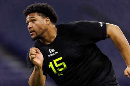 Derrick Harmon participates in a drill at the NFL Scouting Combine at Lucas Oil Stadium in Indianapolis, Indiana, on February 27.