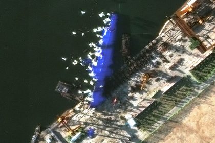 This satellite image shows North Korea’s newly launched destroyer lying on its side at Chongjin on May 25, 2025.