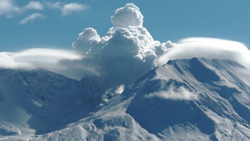 Mount St. Helens is a volcano in the state of Washington, seen here in 2004. It erupted in 1980, spewing out more than 1 cubic kilometer of material. Scientists believe, by comparison, that Martian supervolcanoes could spout 1,000 cubic kilometers of volcanic material.