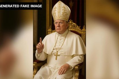 This AI-generated fake image shared by President Donald Trump to the social media platform Truth Social shows him depicted as the pope, wearing papal attire and a crucifix hanging around his neck while pointing with his index finger.