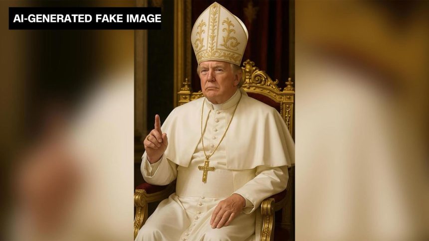 This AI-generated fake image shared by President Donald Trump to the social media platform Truth Social shows him depicted as the pope, wearing papal attire and a crucifix hanging around his neck while pointing with his index finger.