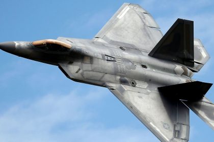 A Lockheed Martin F-22 Raptor fighter turns during a flying display at the Royal International Air Tattoo in Fairford, Britain, on July 8, 2016.