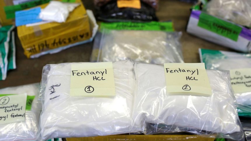 Plastic bags of fentanyl are displayed on a table at the US Customs and Border Protection area at the International Mail Facility at O'Hare International Airport in Chicago, in 2017.