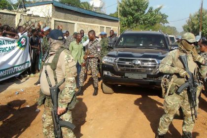 Russian officers from the Wagner group are seen around Central African Republic President Faustin-Archange Touadéra in Bangui, on July 17, 2023, as they are part of the presidential security system.