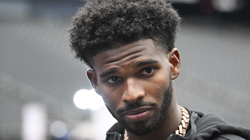 Jul 10, 2024; Las Vegas, NV, USA; Colorado Buffaloes quarterback Shedeur Sanders speaks to the media during the Big 12 Media Days at Allegiant Stadium. Mandatory Credit: Candice Ward-USA TODAY Sports