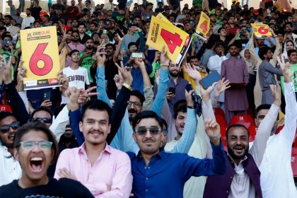 Spectators in the stands during the ICC Men's Champions Trophy cricket match between Pakistan and New Zealand at the National Stadium in Karachi, Pakistan, on February 19, 2025.