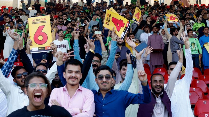 Spectators in the stands during the ICC Men's Champions Trophy cricket match between Pakistan and New Zealand at the National Stadium in Karachi, Pakistan, on February 19, 2025.