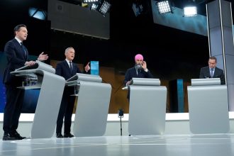 The leaders of Canada's major parties, including Conservative Pierre Poilievre (far left) and Prime Minister Mark Carney of the Liberal Party (second from left) debate in Montreal on April 17.