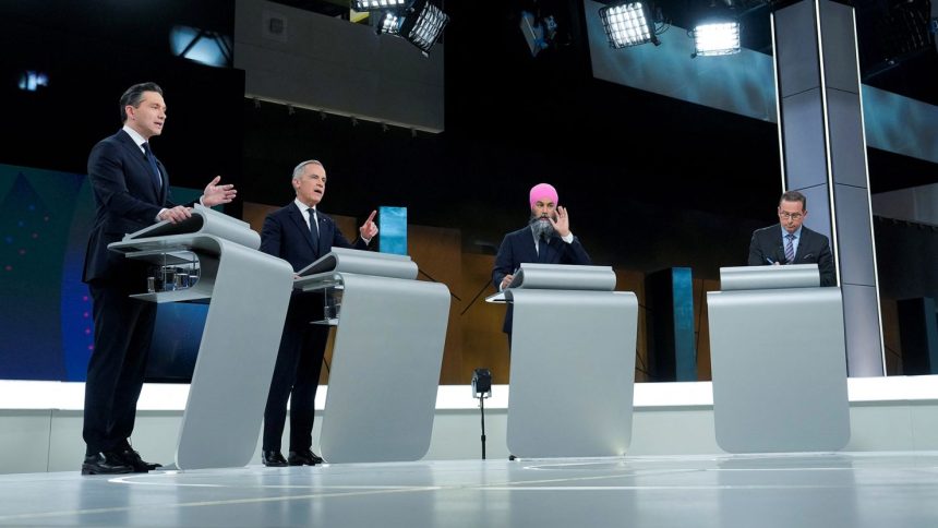 The leaders of Canada's major parties, including Conservative Pierre Poilievre (far left) and Prime Minister Mark Carney of the Liberal Party (second from left) debate in Montreal on April 17.
