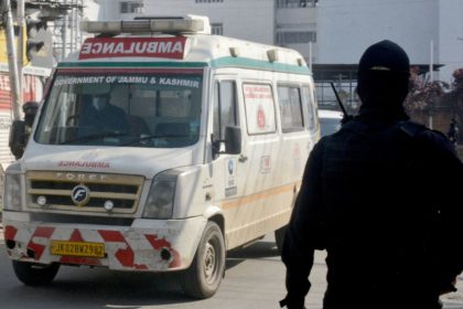 An ambulance carrying the bodies of tourists killed in a suspected militant attack near Pahalgam, in Indian-controlled Jammu and Kashmir, arrive at the police control room in Srinagar on April 23, 2025.