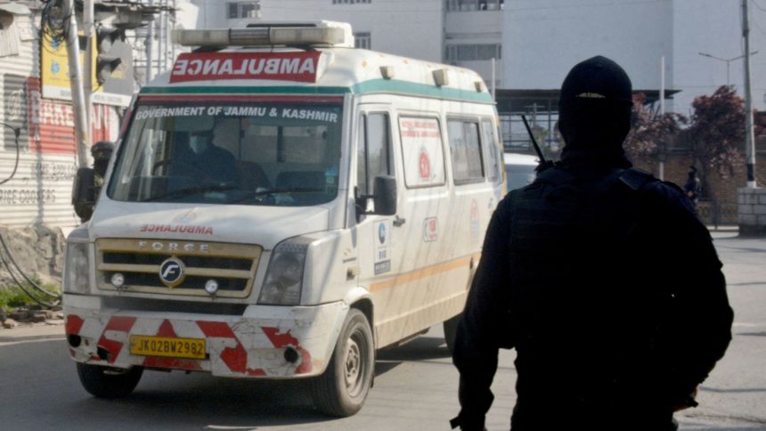 An ambulance carrying the bodies of tourists killed in a suspected militant attack near Pahalgam, in Indian-controlled Jammu and Kashmir, arrive at the police control room in Srinagar on April 23, 2025.