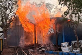 A fire burns after a hospital run by Médecins Sans Frontières was bombed in the northern town of Old Fangak in South Sudan.