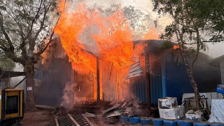 A fire burns after a hospital run by Médecins Sans Frontières was bombed in the northern town of Old Fangak in South Sudan.