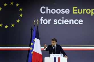 French President Emmanuel Macron delivers a speech during the "Choose Europe for science" event at the Sorbonne university in Paris on May 5.