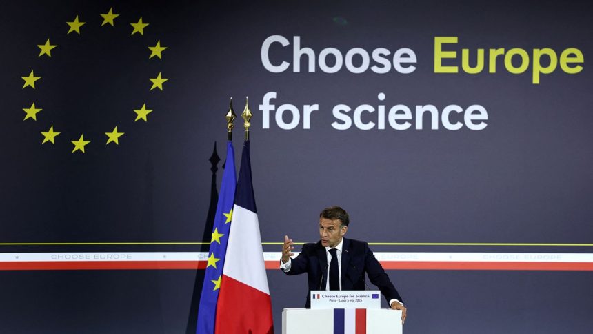 French President Emmanuel Macron delivers a speech during the "Choose Europe for science" event at the Sorbonne university in Paris on May 5.